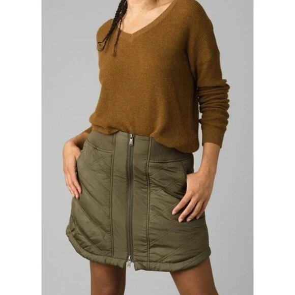NWT Prana Esla Quilted Sherpa Mini Skirt Slate Green Puffer XL Zip Front Pockets - Picture 2 of 11